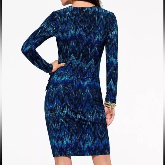 Vintage Cache Teal Gold Blue Knit Faux Wrap Midi Dress Women’s Size Medium M Med - Picture 2 of 13